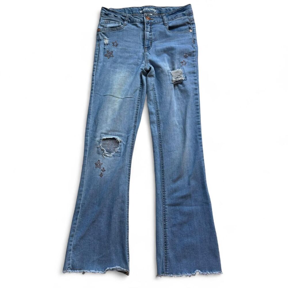 Wallflower Girls Distressed Flare Jeans Size 16 Star Embroidered Frayed Blue Y2K